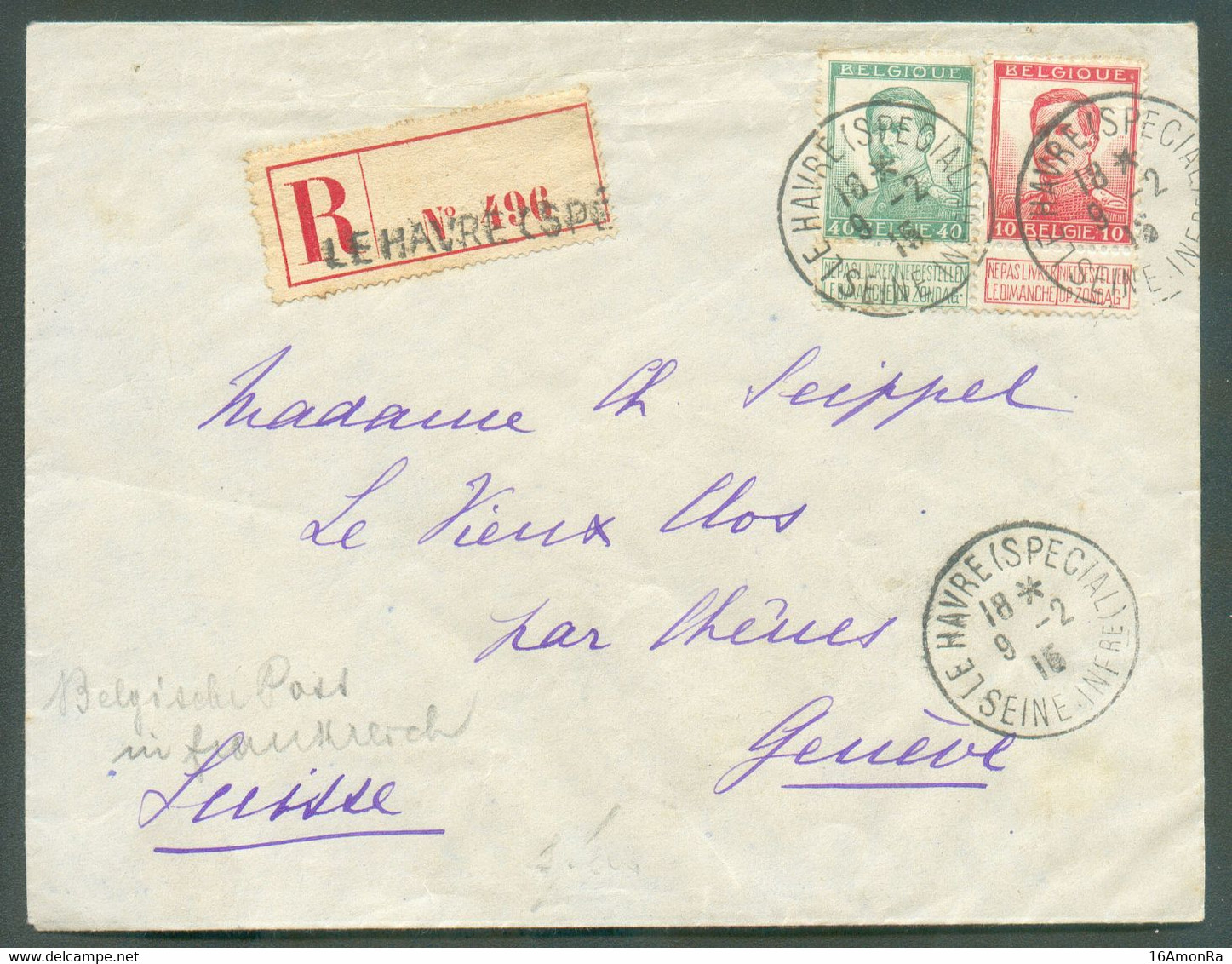 10 Et 40 Centimes PELLENS Obl. Sc LE HAVRE (SPECIAL) Sur Lettre Recommandée Du 9-II-1915 Vers CHENE-BOURG (Genève - Suis - Sonstige & Ohne Zuordnung