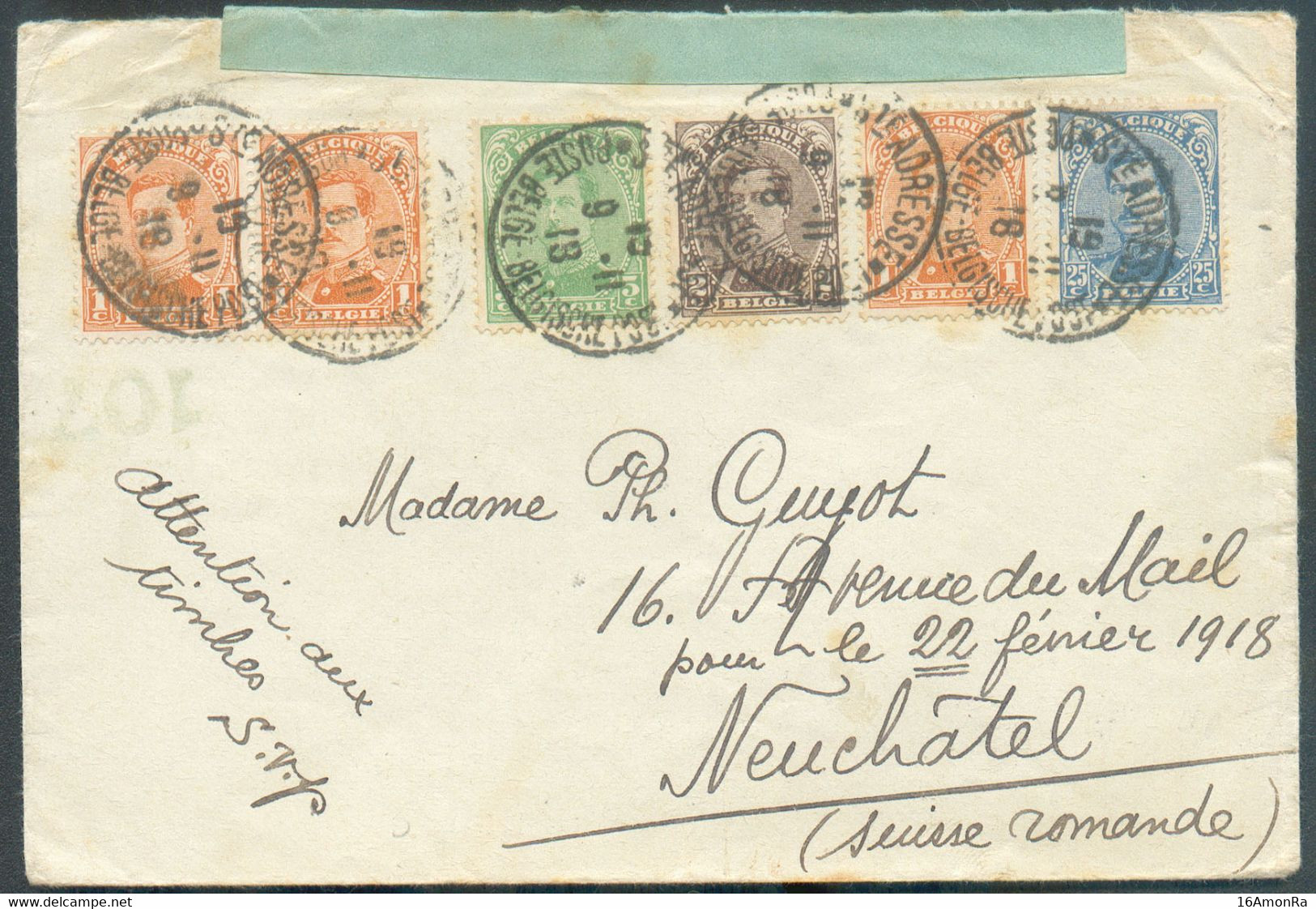 Em. 1915 Affranchissement Quadricolore à 35 Centimes Obl. Sc Ste-ADRESSE POSTE BELGE Sur Lettre Du 9-11-1918 Vers Neufch - Autres & Non Classés