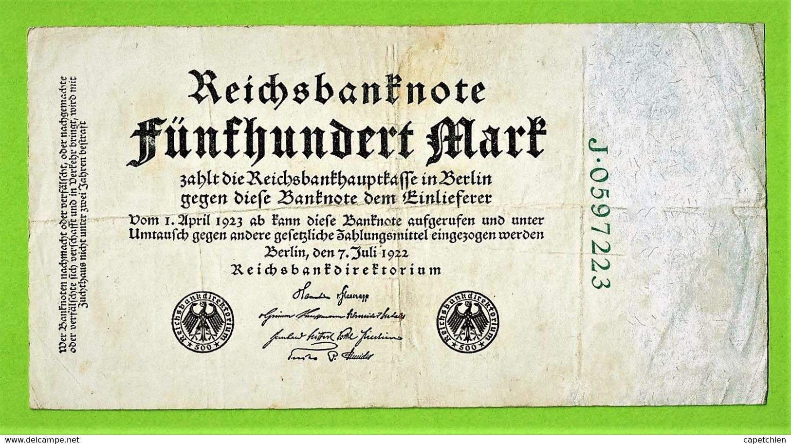 ALLEMAGNE / 500 MARK / REICHSBANKNOTE / 07 - 07 - 1922 - 500 Mark