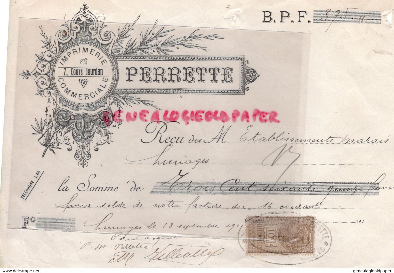 87- LIMOGES- RARE RECU IMPRIMERIE PERRETTE - 7 COURS JOURDAN- ETS MARAIS  1910 - Printing & Stationeries