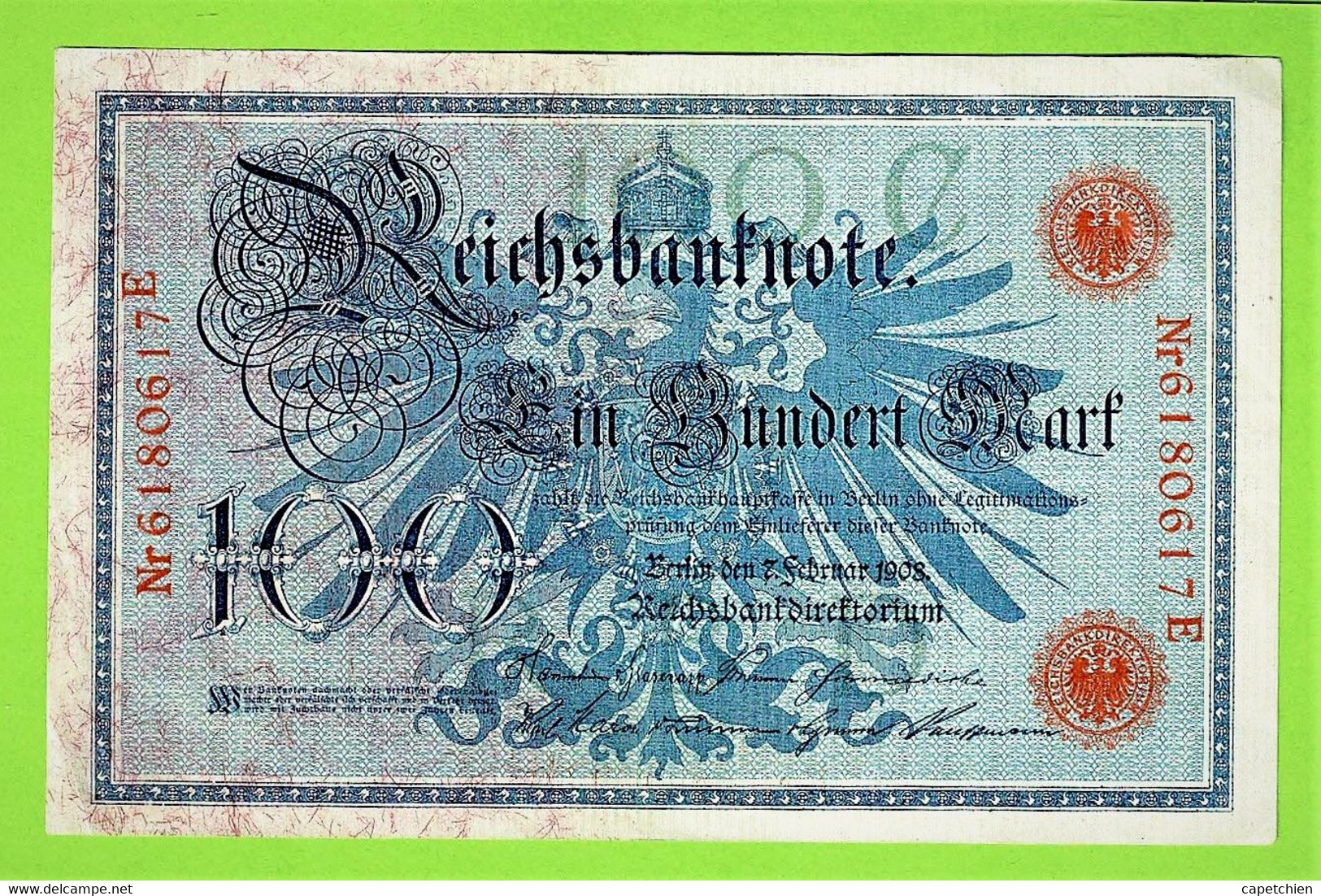 ALLEMAGNE / 100 MARK / REICHSBANKNOTE / 07 - 02 - 1908 / NUMERO ET SCEAU DE COULEUR ROUGE - 100 Mark