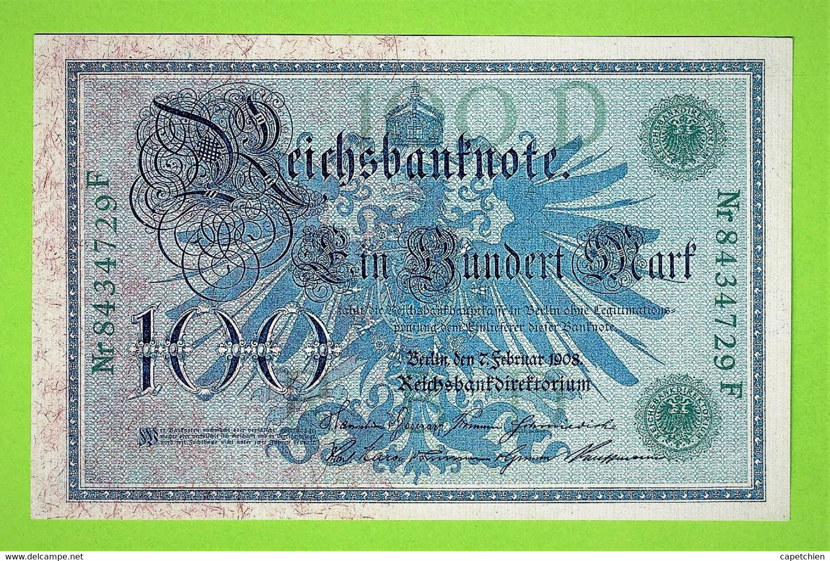 ALLEMAGNE / 100 MARK / REICHSBANKNOTE / 07 - 02 - 1908 / NUMERO ET SCEAU DE COULEUR VERTE - 100 Mark