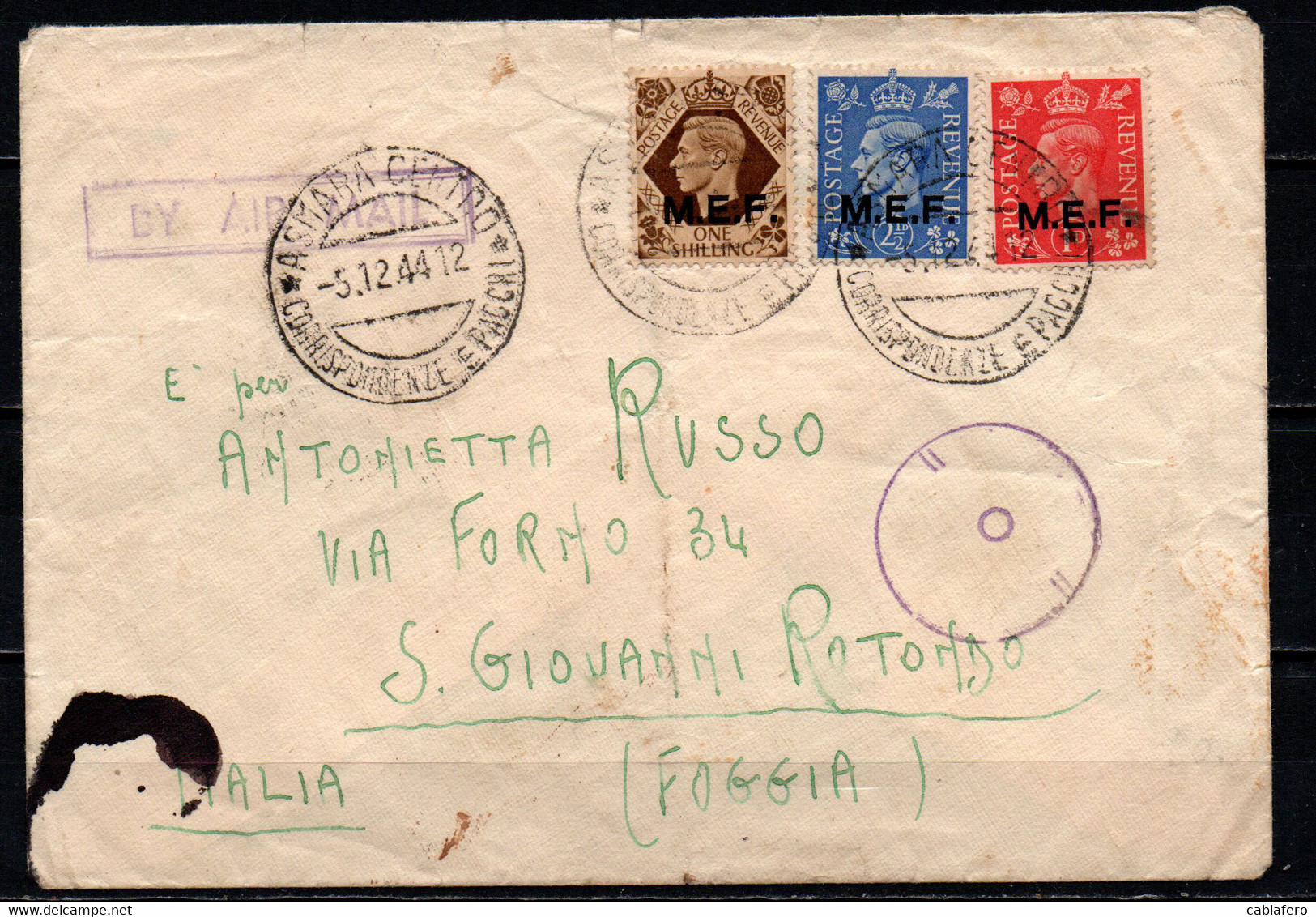 ITALIA - OCCUPAZIONI MEF - 5.12.44 - BUSTA DA ASMARA VERSO L'ITALIA - One Shilling + 1 D + 2 E 1/2 D. - British Occ. MEF