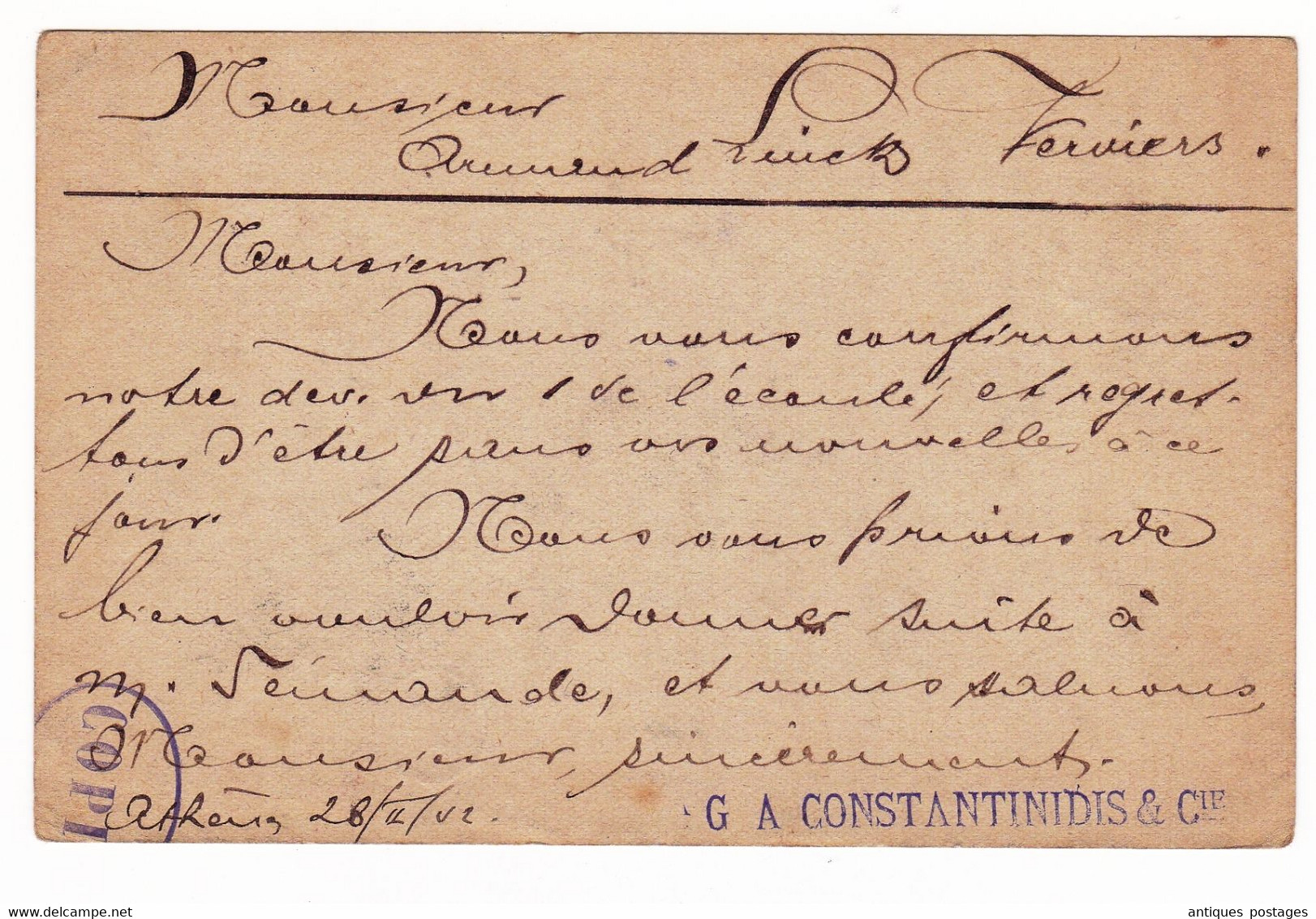 Entier Postal 1902 Athènes Grèce Constantinidis & Cie Athens Greece Verviers Belgique Konstantinidis - Paketmarken