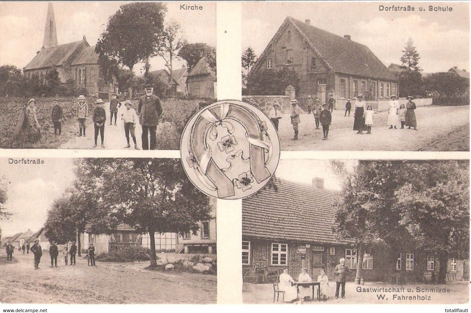 Gruß Aus BUROW B Lübz Gasthof Schmiede Fahrenholz Dorfstraße Belebt Kirche Gelaufen 2.8.1918 Marke Abgefallen - Lübz