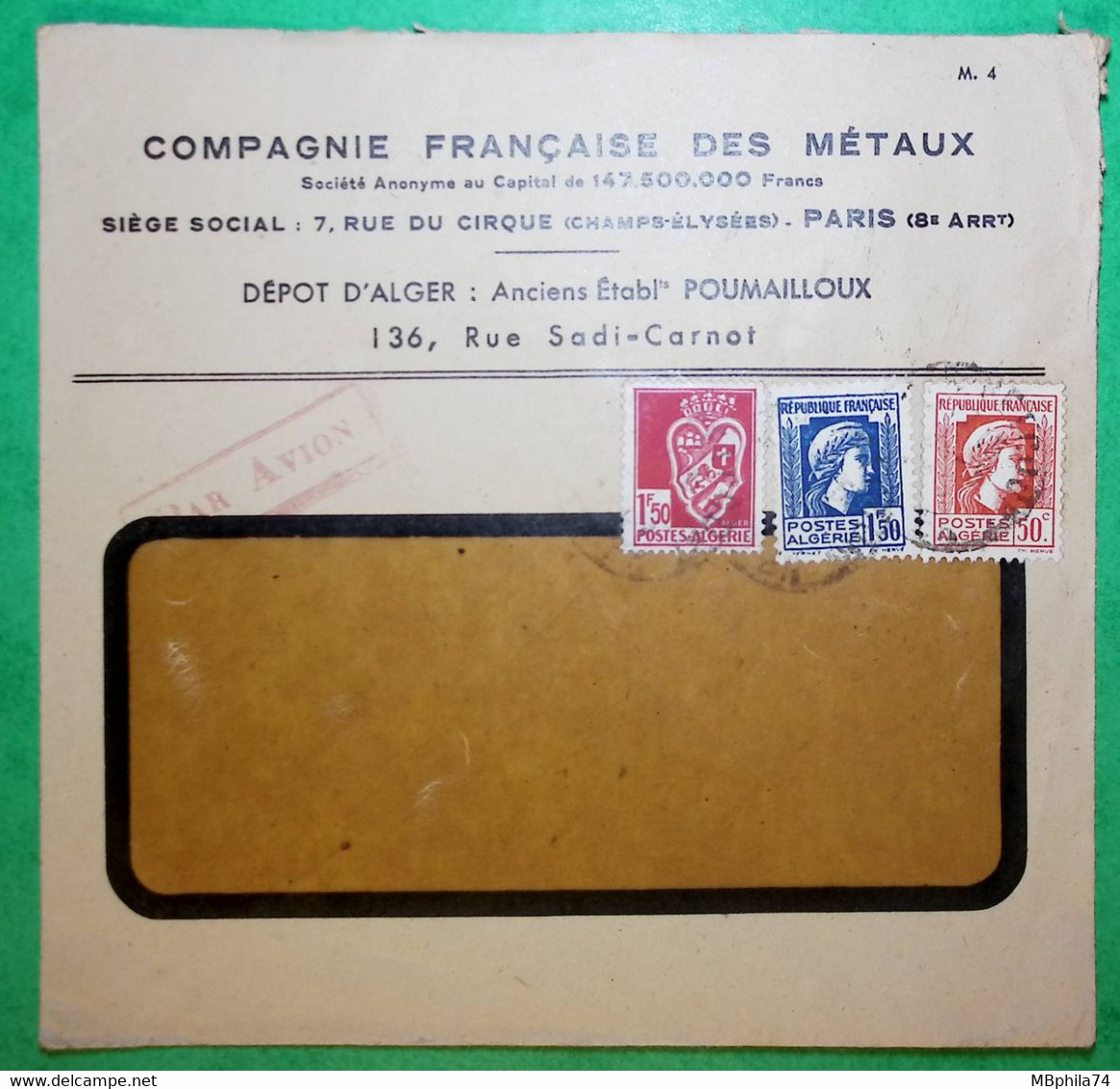 ENVELOPPE PUB COMPAGNIE FRANCAISE DES METAUX PARIS LETTRE PAR AVION MARIANNE ALGER POSTE ALGERIE LETTRE COVER FRANCE - Airmail