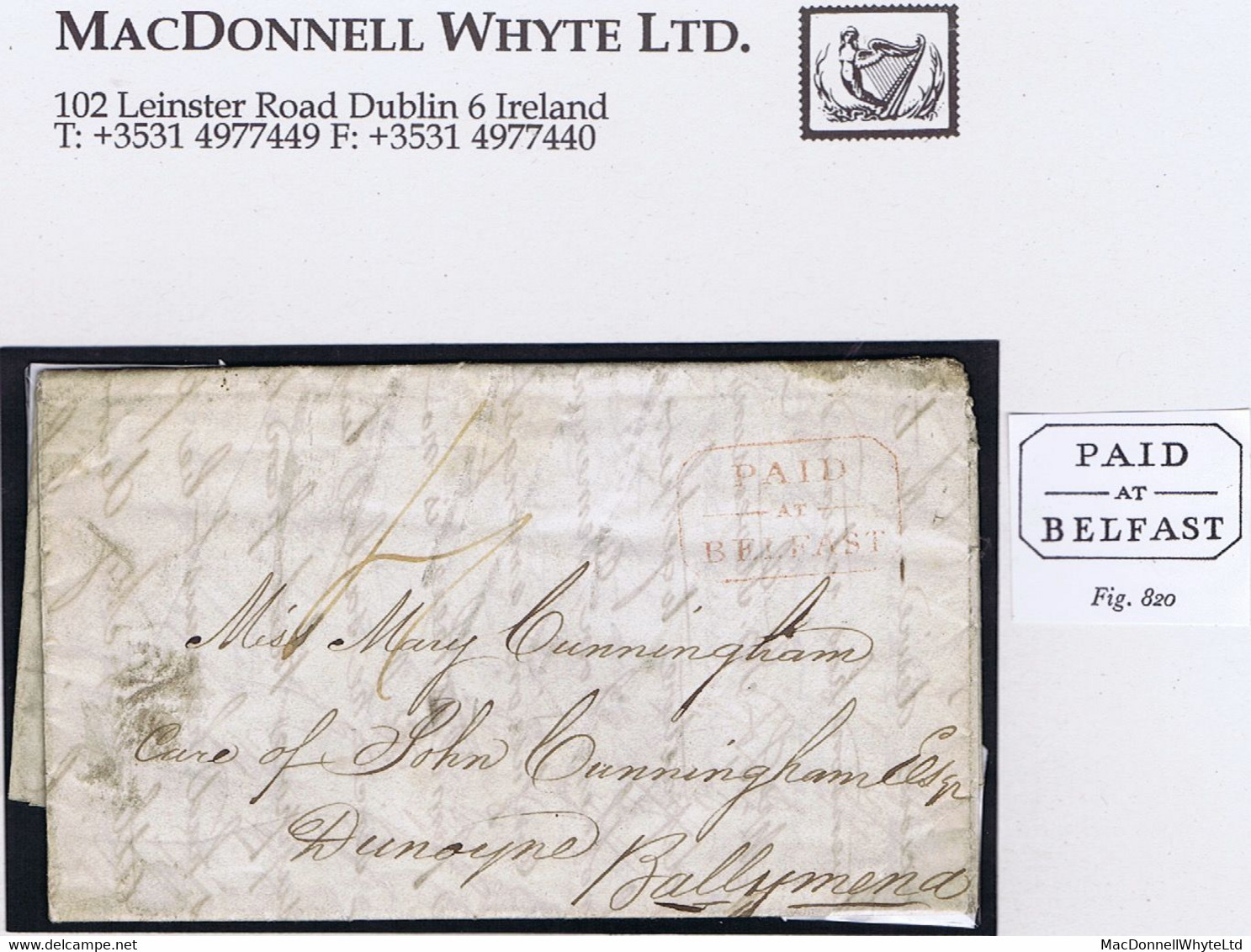 Ireland Belfast 1833 Distinctive Octagonal PAID/-AT-/BELFAST In Red On Letter To Ballymena Paid "4" BELFAST 1 SE 1833 - Prephilately