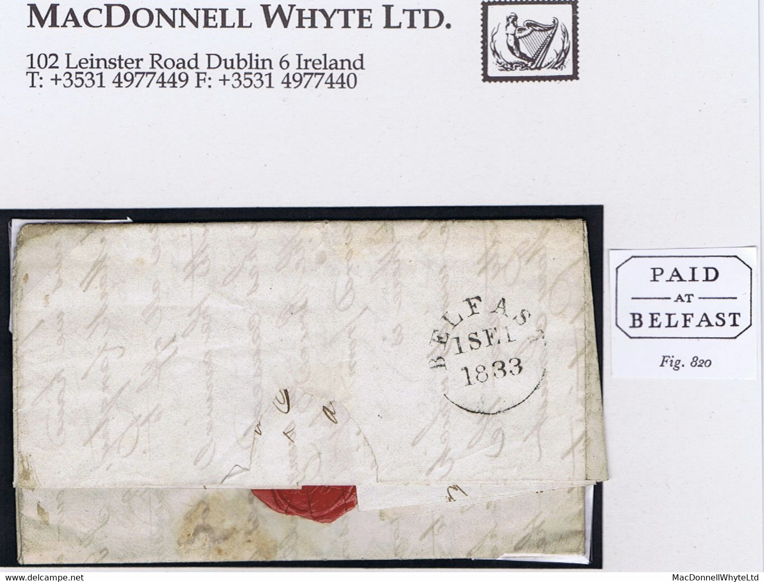 Ireland Belfast 1833 Distinctive Octagonal PAID/-AT-/BELFAST In Red On Letter To Ballymena Paid "4" BELFAST 1 SE 1833 - Préphilatélie