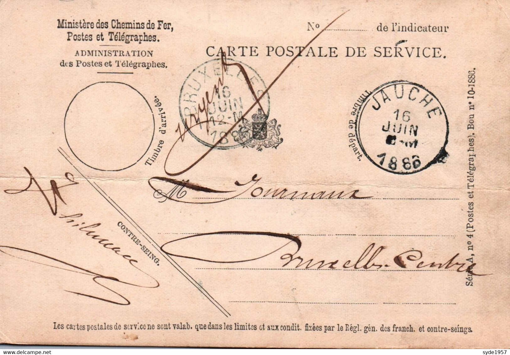 Ministère Des Chemins De Fer - Carte Postale De Service  De JAUCHE à Bruxelles En 1886 - Documenten & Fragmenten