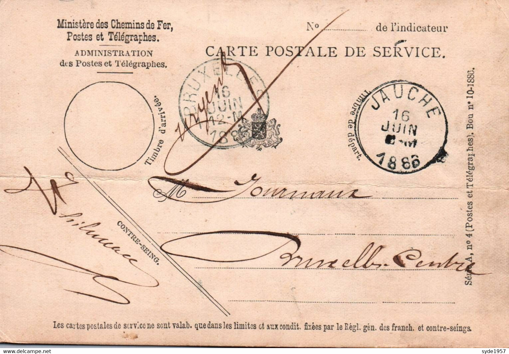 Ministère Des Chemins De Fer - Carte Postale De Service  De JAUCHE à Bruxelles En 1886 - Documents & Fragments