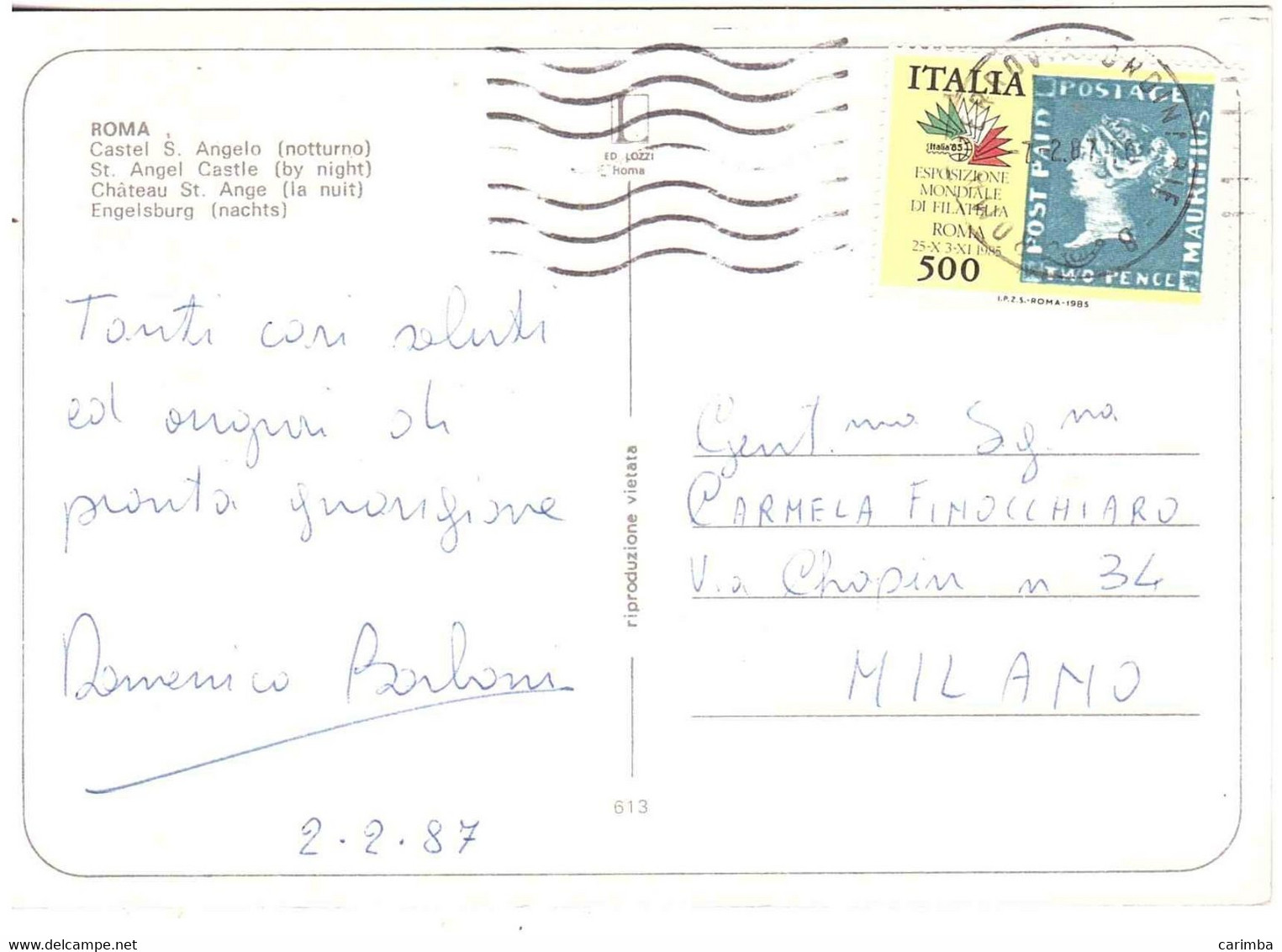 £500 ESPOSIZIONE MONDIALE FILATELIA ROMA CARTOLINA CASTEL S.ANGELO ROMA - 1981-90: Storia Postale
