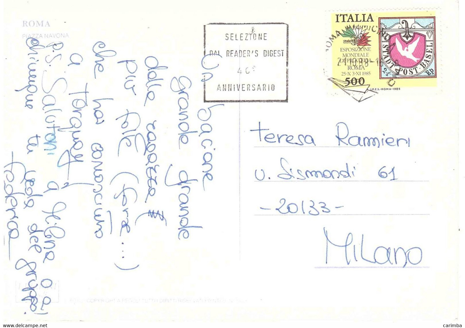 £500 ESPOSIZIONE MONDIALE FILATELIA ROMA ANNULLO TARGHETTA CARTOLINA PIAZZA NAVONA - 1981-90: Storia Postale