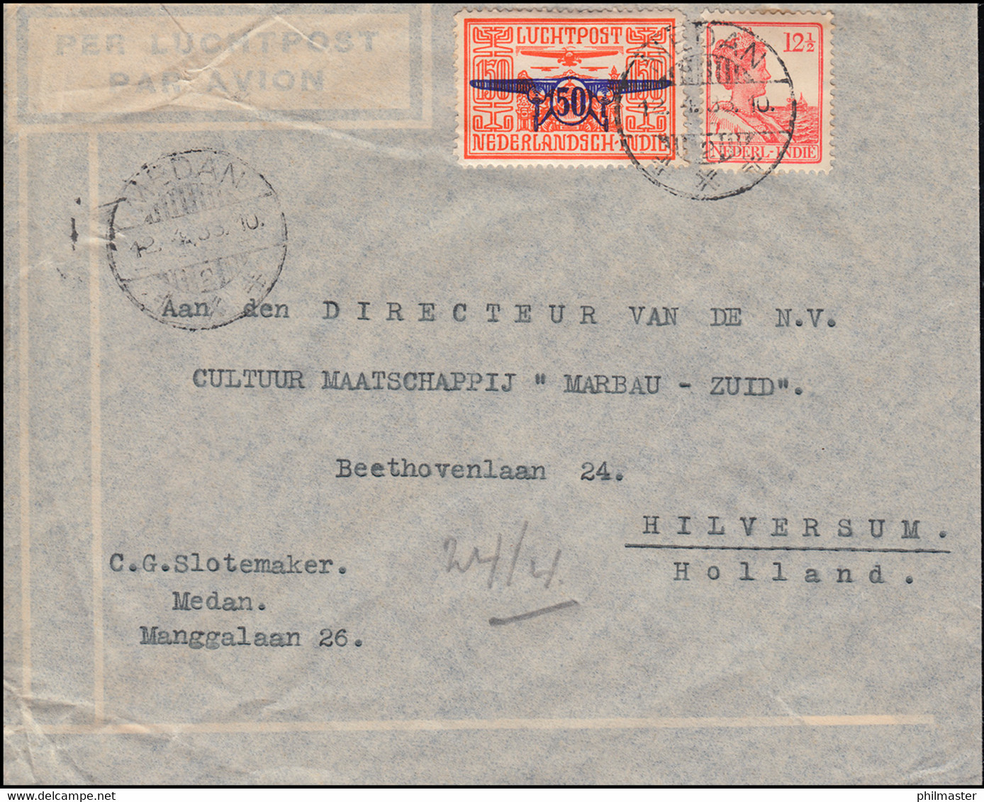 Flugpost NL-Indien MiF 188 Aufdruckmarke MEDAN 12.4.33 Nach Hilversum - Correo Aéreo