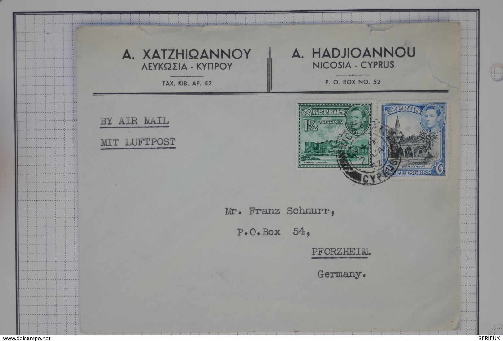 BB16  CYPRUS   BELLE LETTRE  1952 PAR AVION LUFTPOST NICOSIA  A PFORZHEIM GERMANY +AFFRANCH. INTERESSANT - Chipre (...-1960)