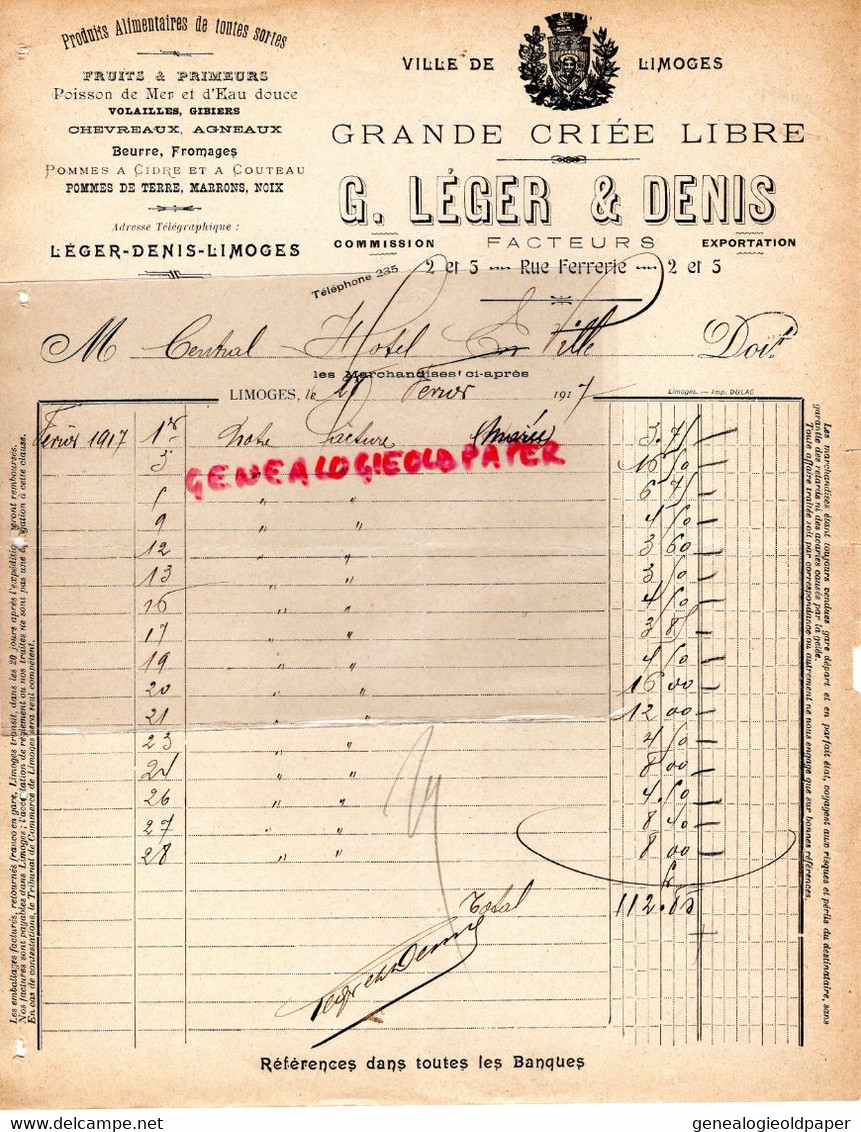 87- LIMOGES- FACTURE G. LEGER & DENIS- GRANDE CRIEE LIBRE POISSONS MER- -2 RUE FERRERIE- 1917 - Lebensmittel