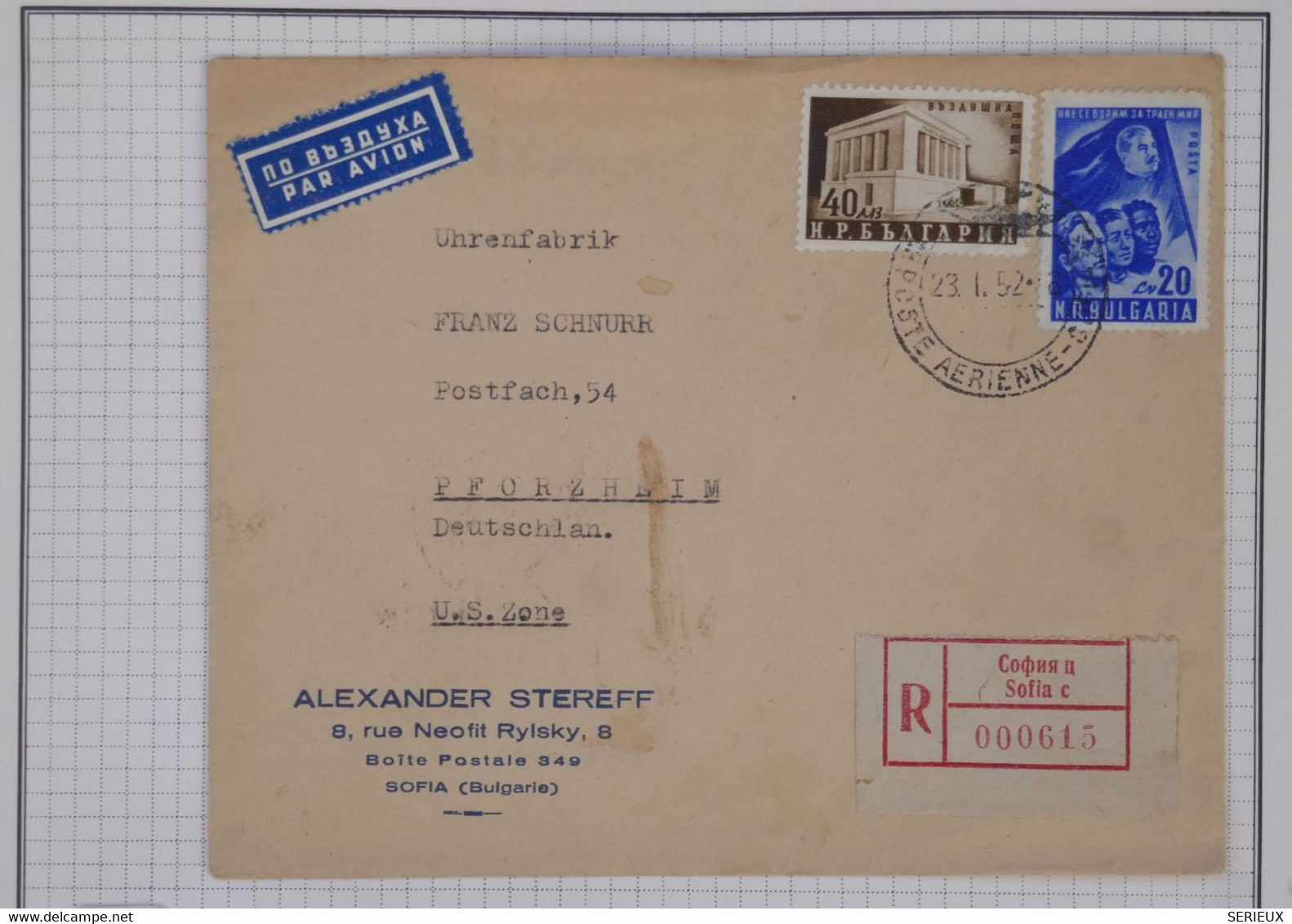 BB17  BULGARIA  BELLE LETTRE RECOM. 1952 PAR AVION SOFIA    A PFORZHEIM U.S   ZONE ++++AFFRANCH. PLAISANT - Covers & Documents