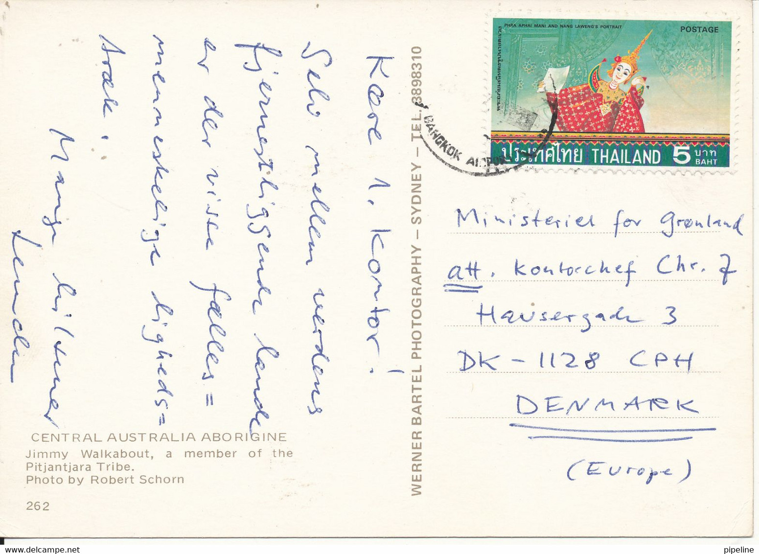 Australian Postcard Sent To Denmark With Thailand Stamp (Central Australia Aborigine) - Aborigènes