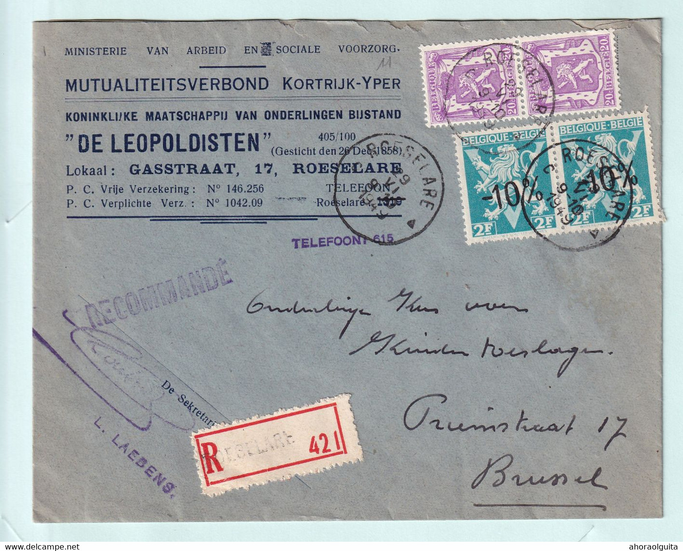 DT524  -- Enveloppe Recommandée TP Lion V Moins 10 % Et Petit Sceau ROESELARE 1949 - Mutualiteit "De Leopoldisten" - 1946 -10%