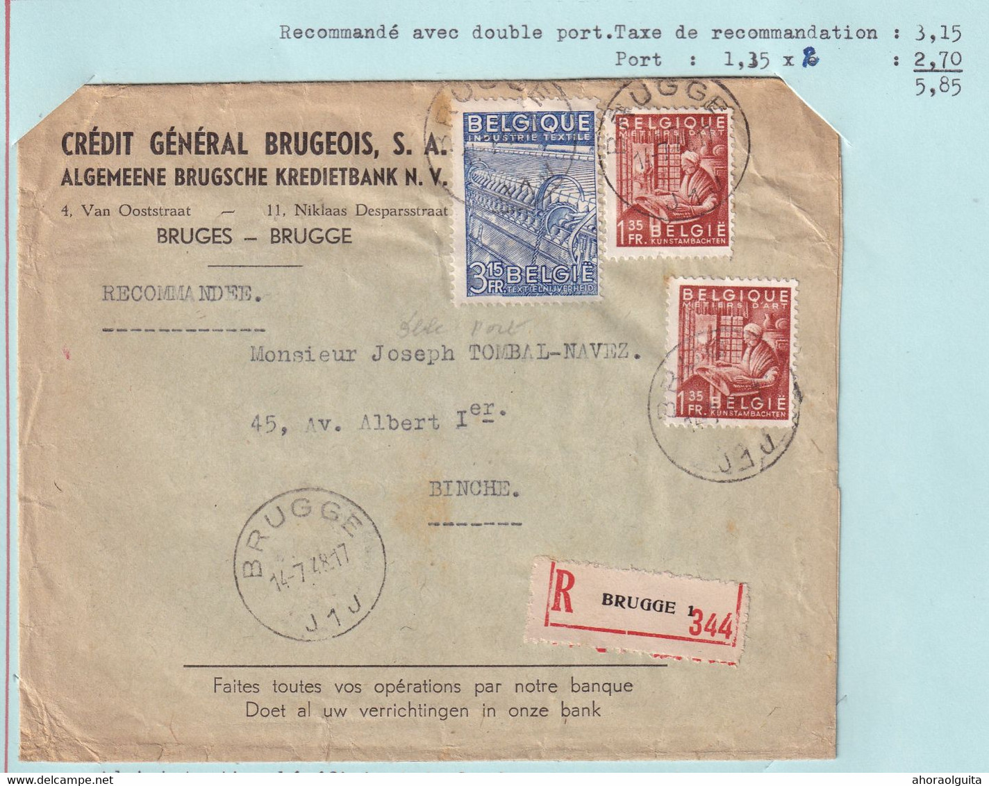 DT525  -- Enveloppe Recommandée TP Exportation BRUGGE 1948 Vers BINCHE - Avec Explication Du Port - 1948 Exportation