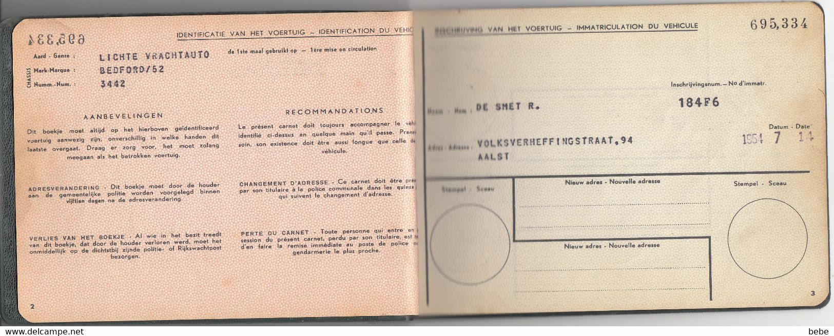 Carnet D'immatriculisation 14-7-1954 / Bedford/52 - Camions