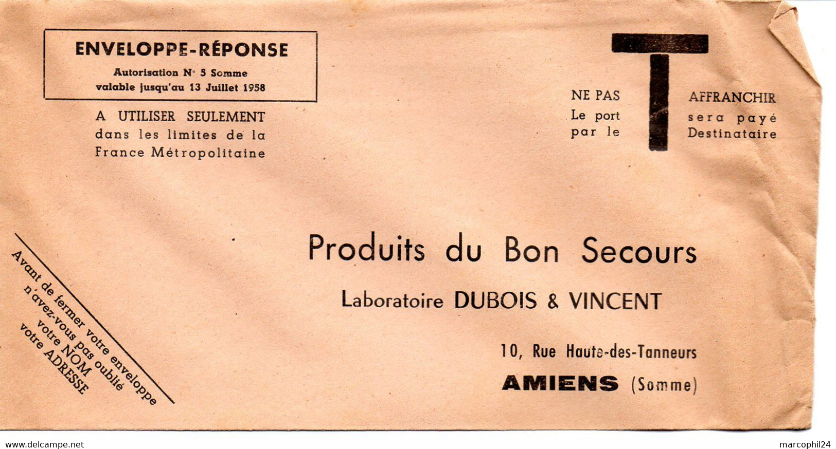 SOMME - Dépt N° 80 = AMIENS 1958 = ENVELOPPE REPONSE T  ' PRODUITS Du BON SECOURS / LABORATOIRE DUBOIS & VINCENT ' - Cartes/Enveloppes Réponse T