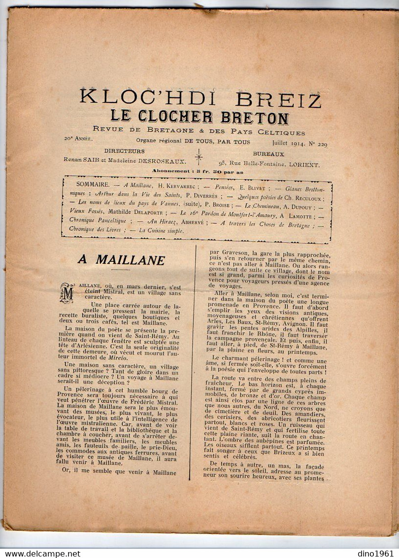 VP20.334 - LORIENT 1914 - Revue Mensuelle De Bretagne - Le Clocher Breton / Kloc'hdi Breiz - 1900 - 1949