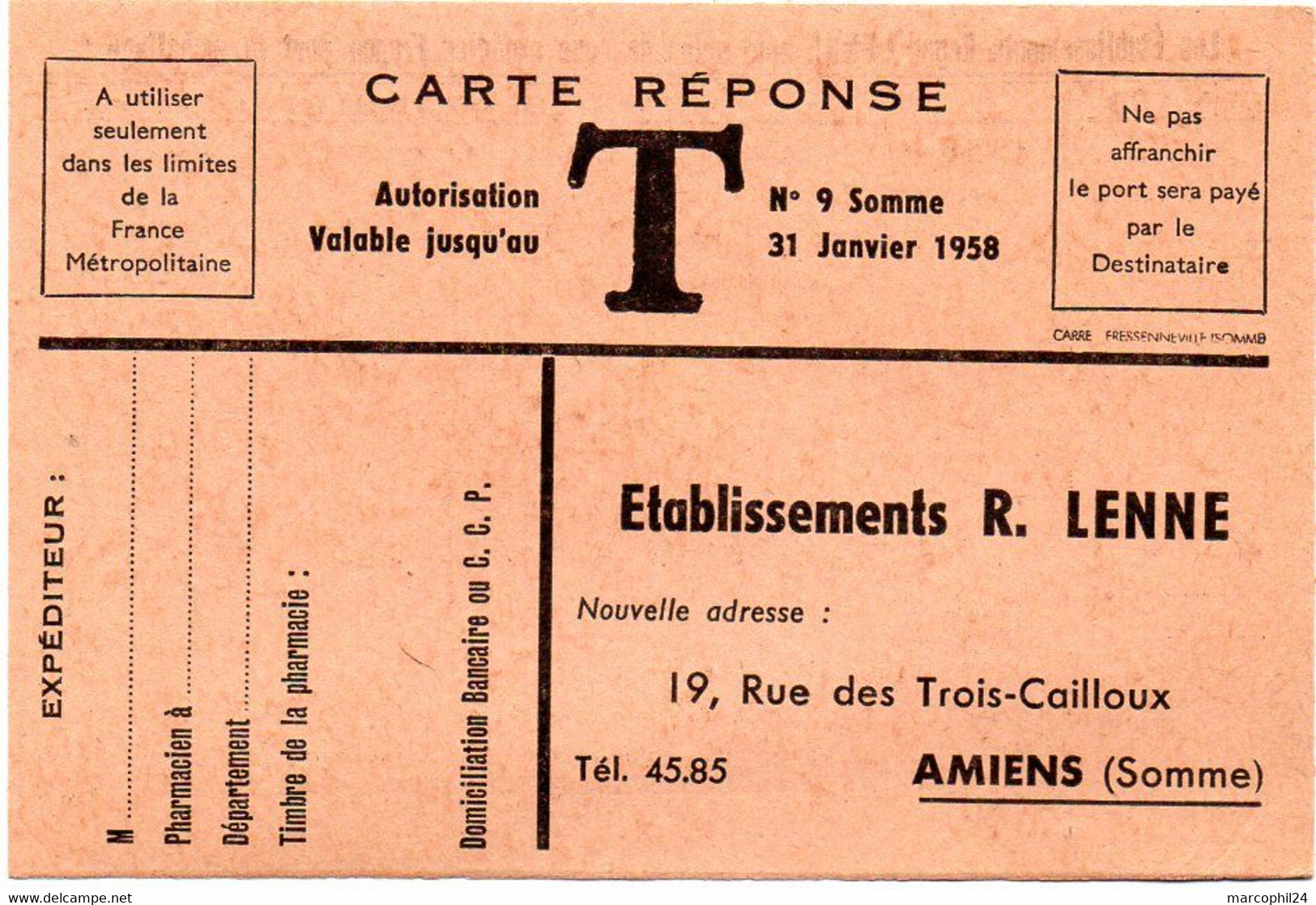 SOMME - Dépt N° 80 = AMIENS 1958 = CARTE REPONSE T  ' Etablissements LENNE ' - Cartes/Enveloppes Réponse T