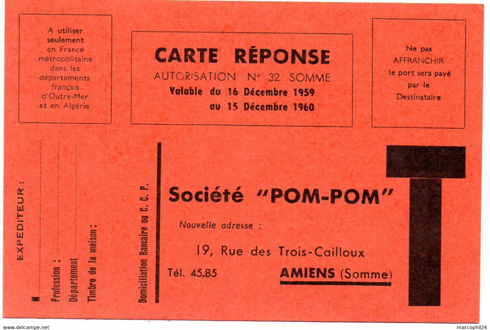 SOMME - Dépt N° 80 = AMIENS 1960 = CARTE REPONSE T  ' Société POM-POM' - Cartes/Enveloppes Réponse T