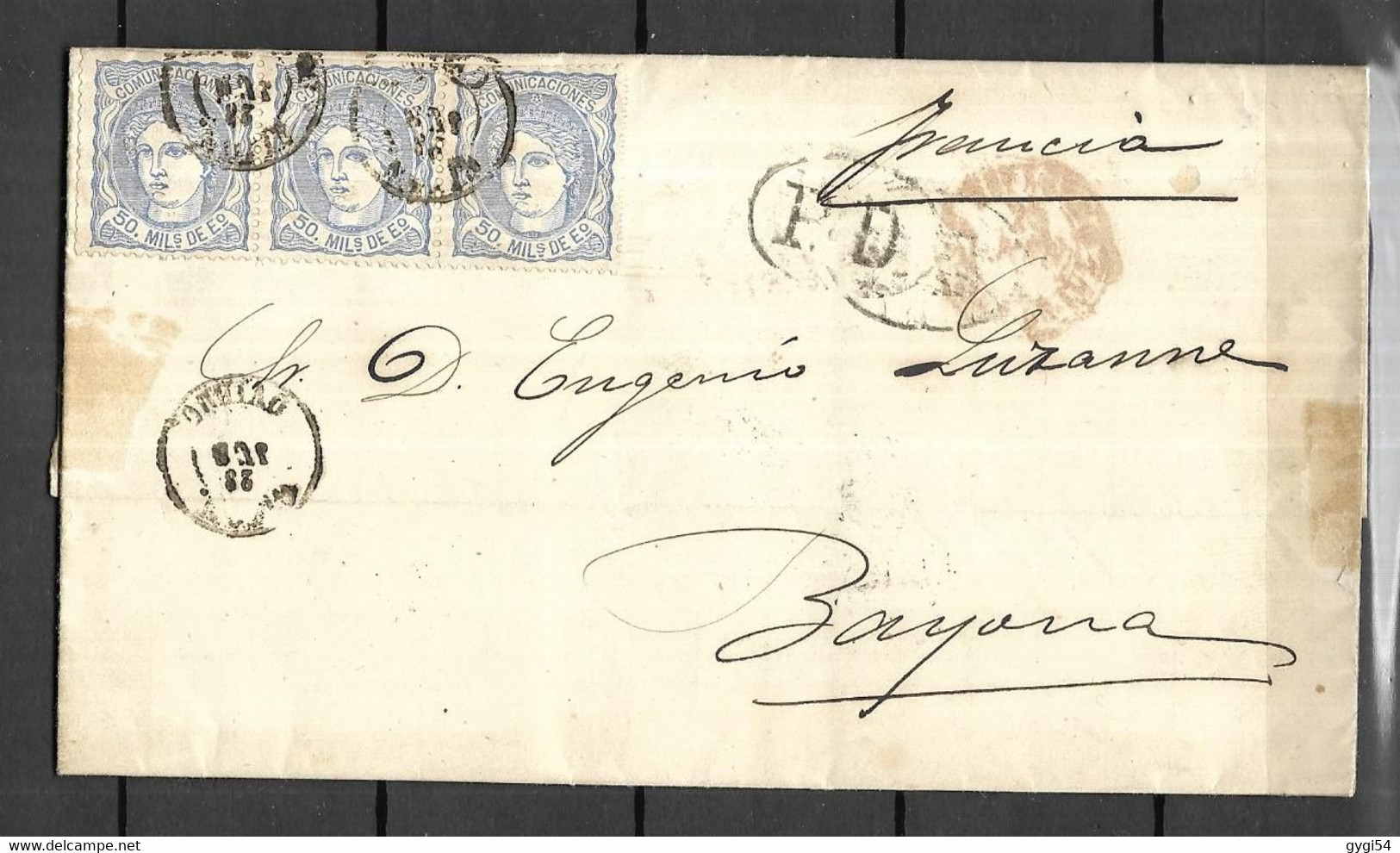 Espagne  Lettre   1870   De Santander   Pour Bayonne - Briefe U. Dokumente