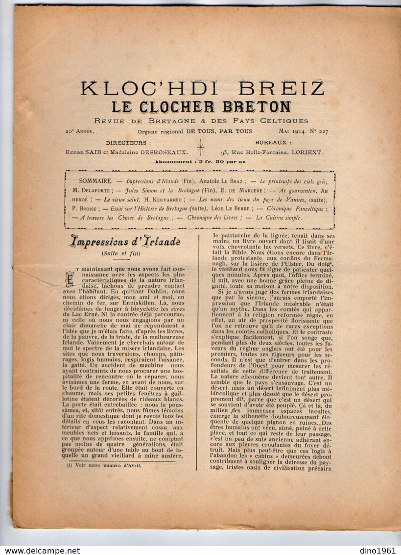 VP20.336 - LORIENT 1914 - Revue Mensuelle De Bretagne - Le Clocher Breton / Kloc'hdi Breiz - 1900 - 1949