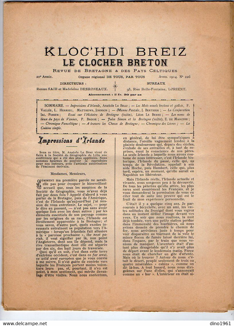 VP20.337 - LORIENT 1914 - Revue Mensuelle De Bretagne - Le Clocher Breton / Kloc'hdi Breiz - 1900 - 1949