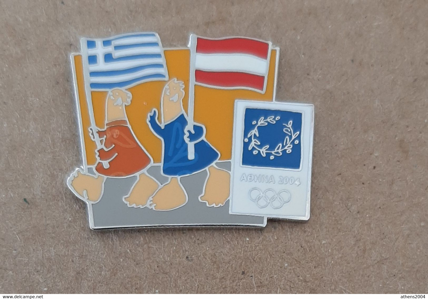 Athens 2004 Olympic Games - Mascots With E.U. Flags, Greece - Austria Flags Pin - Jeux Olympiques