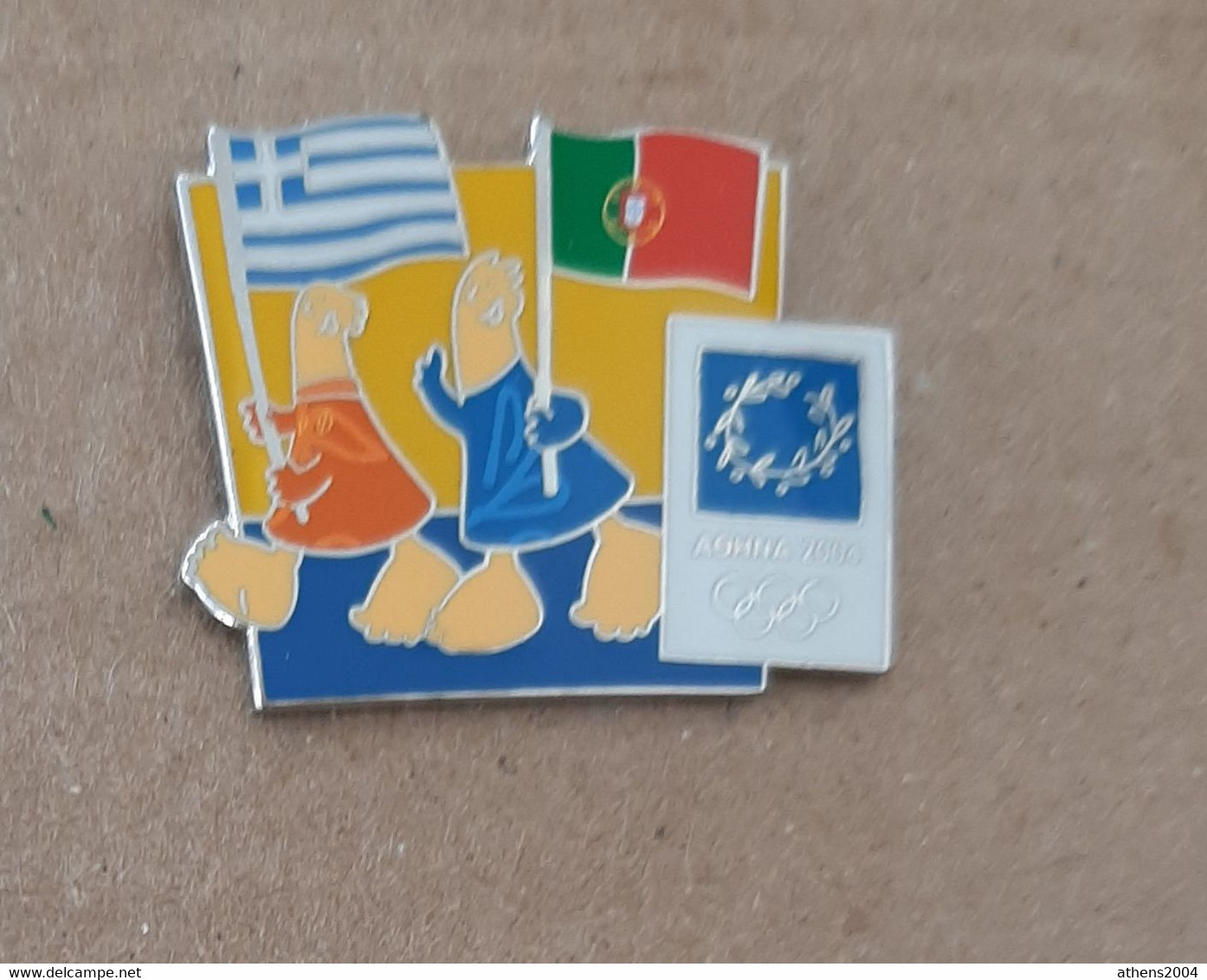 Athens 2004 Olympic Games - Mascots With E.U. Flags, Greece - Portugal Flags Pin - Jeux Olympiques