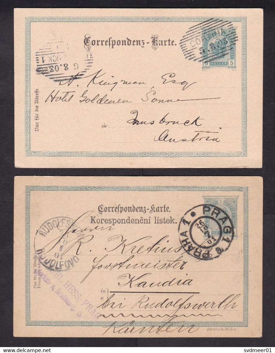 Austria: 2x Stationery Postcard, 1901-1903, Emperor, Cancel Cortina (now Italy) & Prague (now Czech) (traces Of Use) - Storia Postale