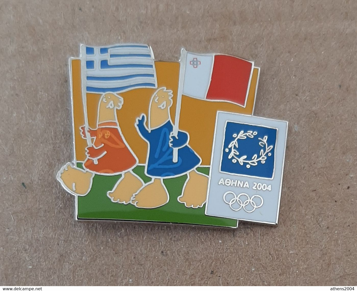 Athens 2004 Olympic Games - Mascots With E.U. Flags, Greece - Malta Flags Pin - Jeux Olympiques