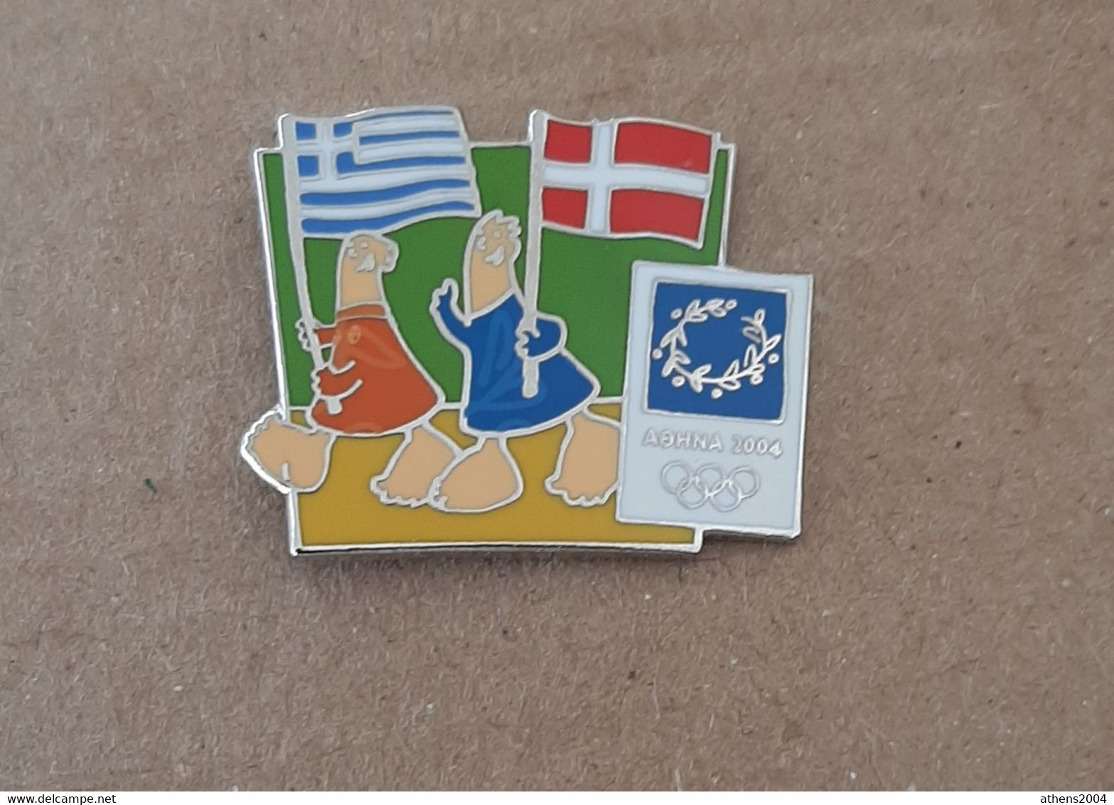 Athens 2004 Olympic Games - Mascots With E.U. Flags, Greece - Denmark Flags Pin - Jeux Olympiques