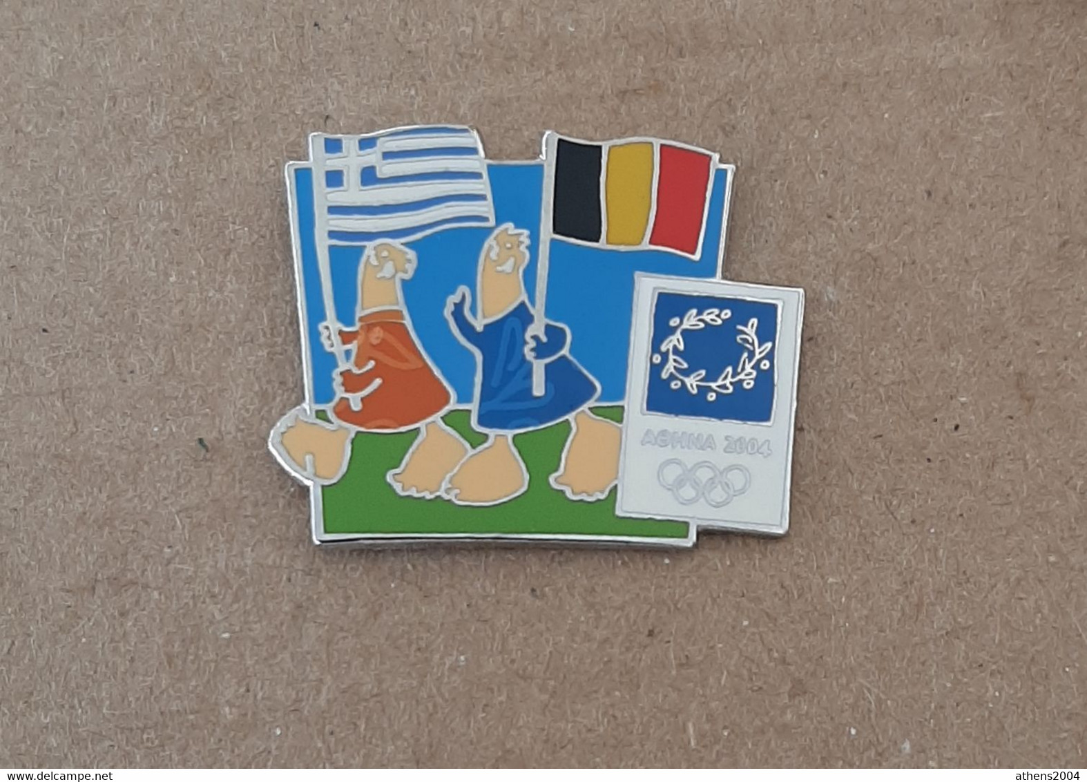 Athens 2004 Olympic Games - Mascots With E.U. Flags, Greece - Belgium Flags Pin - Jeux Olympiques