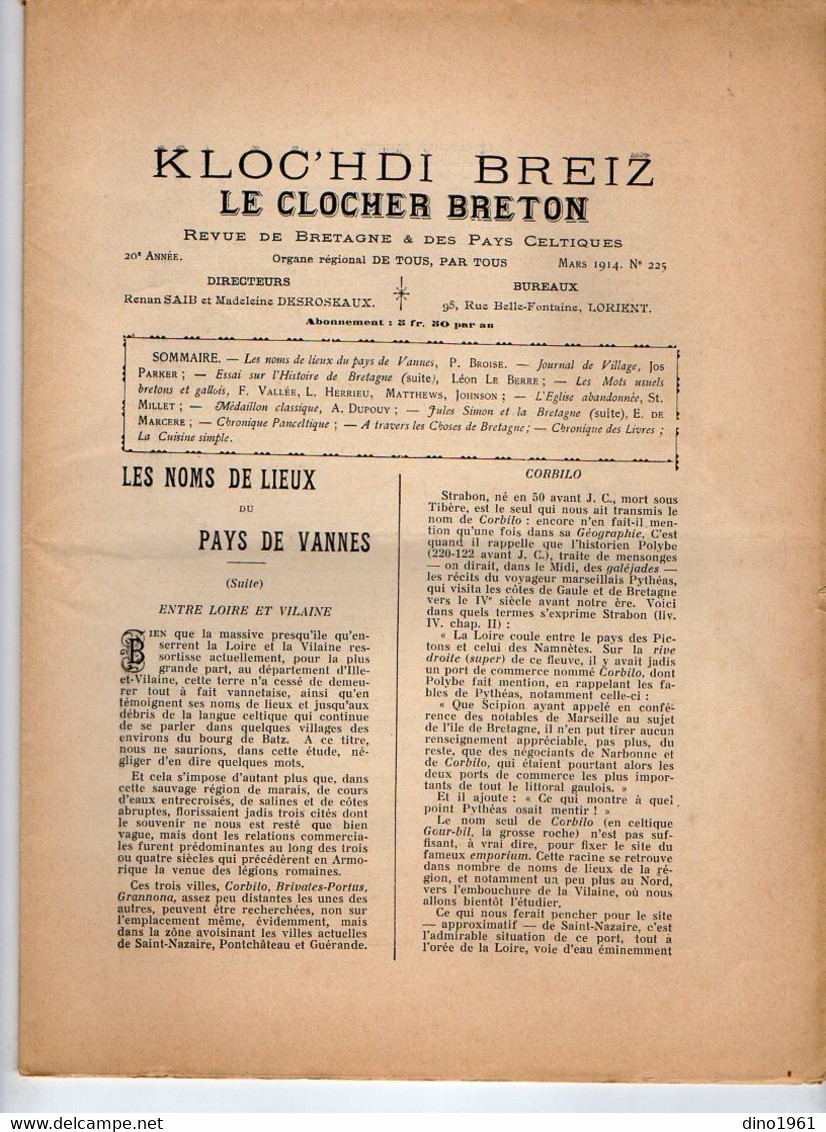 VP20.338 - LORIENT 1914 - Revue Mensuelle De Bretagne - Le Clocher Breton / Kloc'hdi Breiz - 1900 - 1949