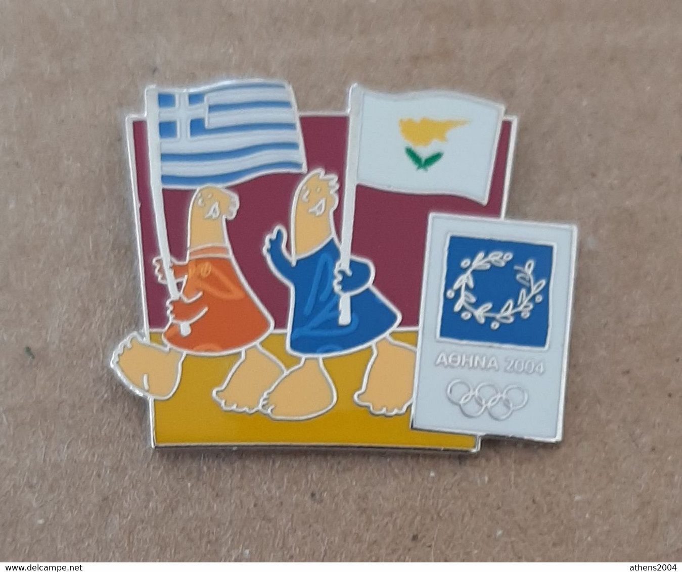 Athens 2004 Olympic Games - Mascots With E.U. Flags, Greece - Cyprus Flags Pin - Jeux Olympiques