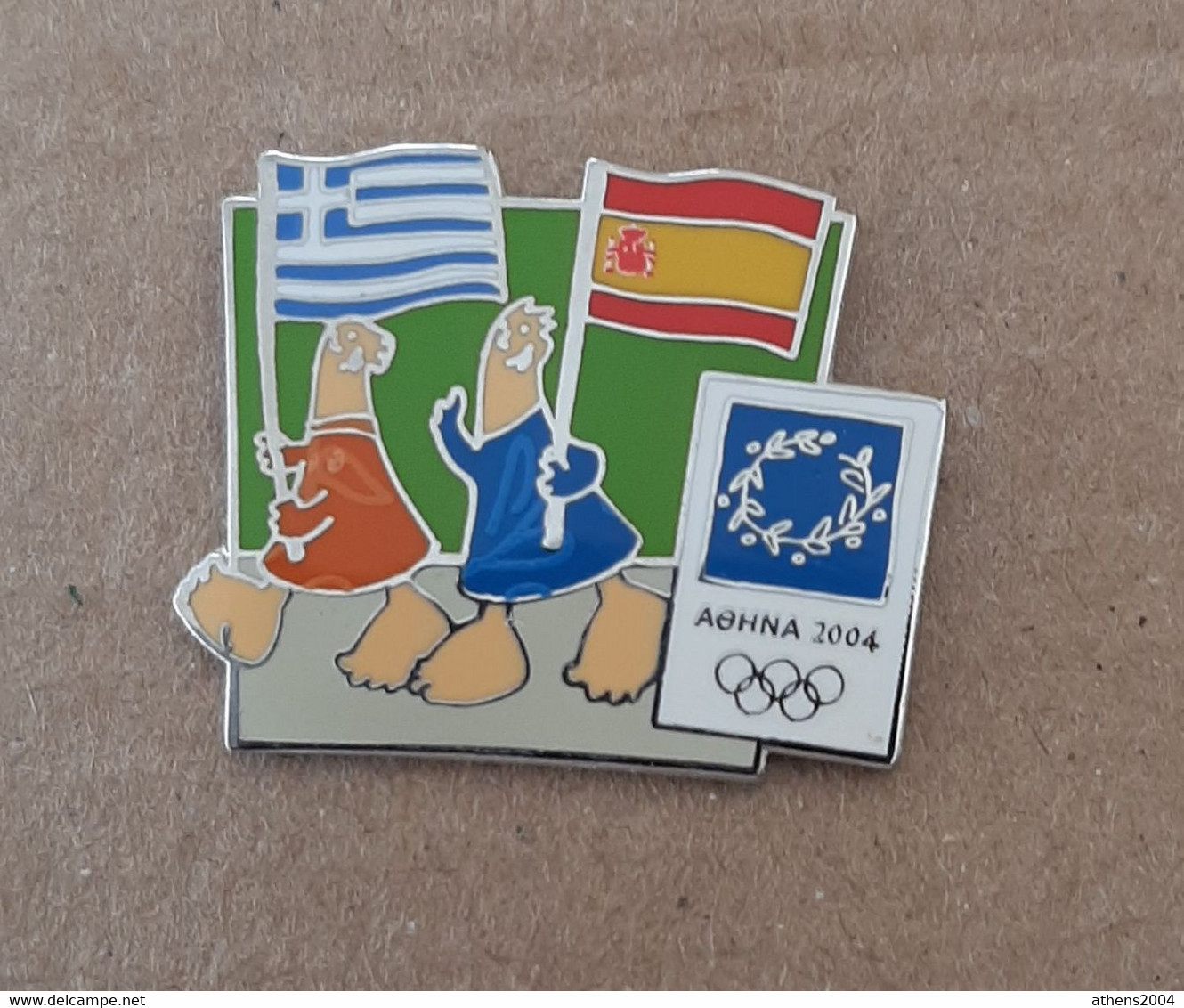 Athens 2004 Olympic Games - Mascots With E.U. Flags, Greece - Spain Flags Pin - Jeux Olympiques