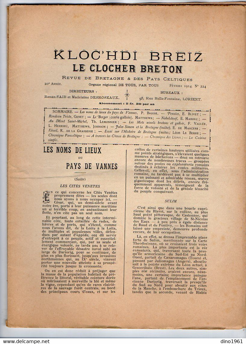VP20.339 - LORIENT 1914 - Revue Mensuelle De Bretagne - Le Clocher Breton / Kloc'hdi Breiz - 1900 - 1949