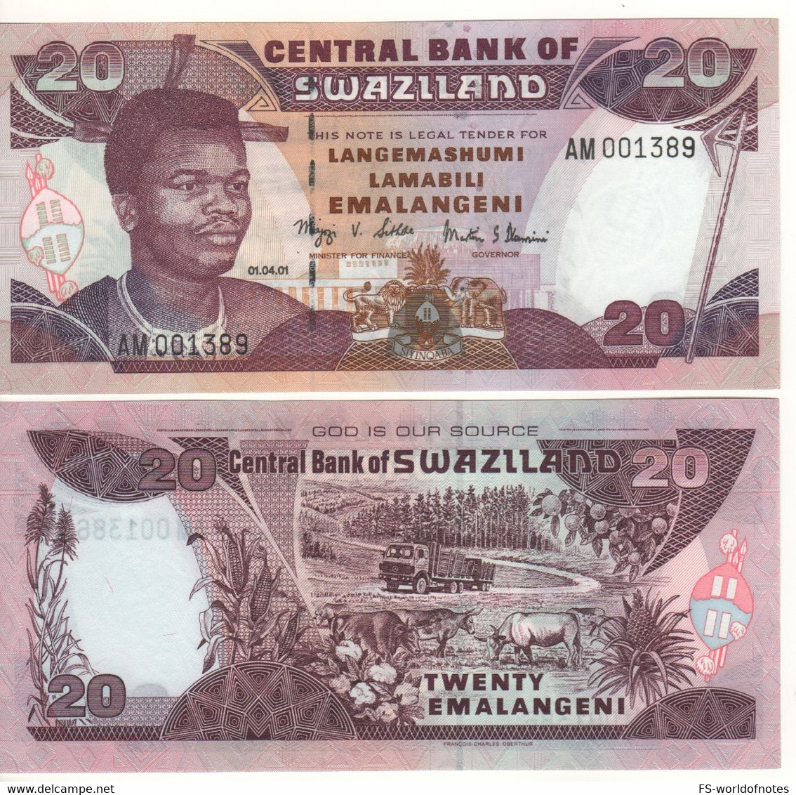 SWAZILAND 20  Emalangeni  P30a   Dated 01.04.2001 (  King Mswati III + Truck & Catlle At Back )  UNC - Swaziland