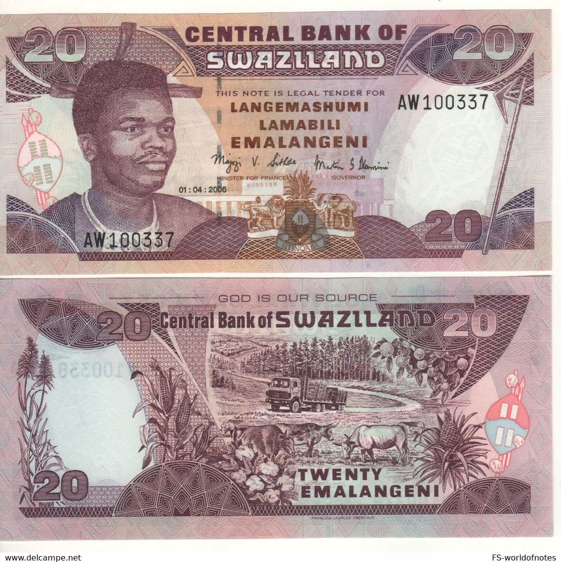 SWAZILAND 20  Emalangeni  P30c   Dated 01.04.2006 (  King Mswati III + Truck & Catlle At Back )  UNC - Swaziland
