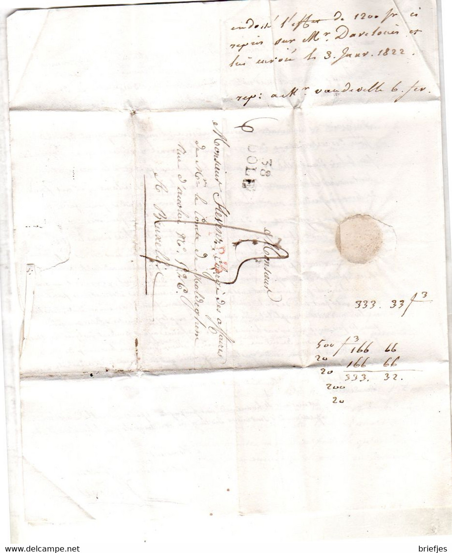 1822 R5 RED Dôle Vandevelle To Stevenz Maldeghem Bruxelles Rue D'Accolay 926 & RED CANCEL (EO1-130) - 1815-1830 (Periodo Holandes)