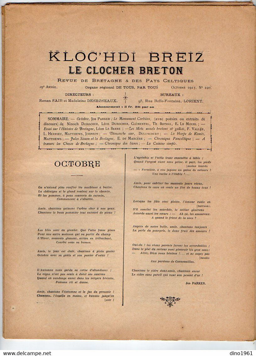 VP20.340 - LORIENT 1913 - Revue Mensuelle De Bretagne - Le Clocher Breton / Kloc'hdi Breiz - 1900 - 1949