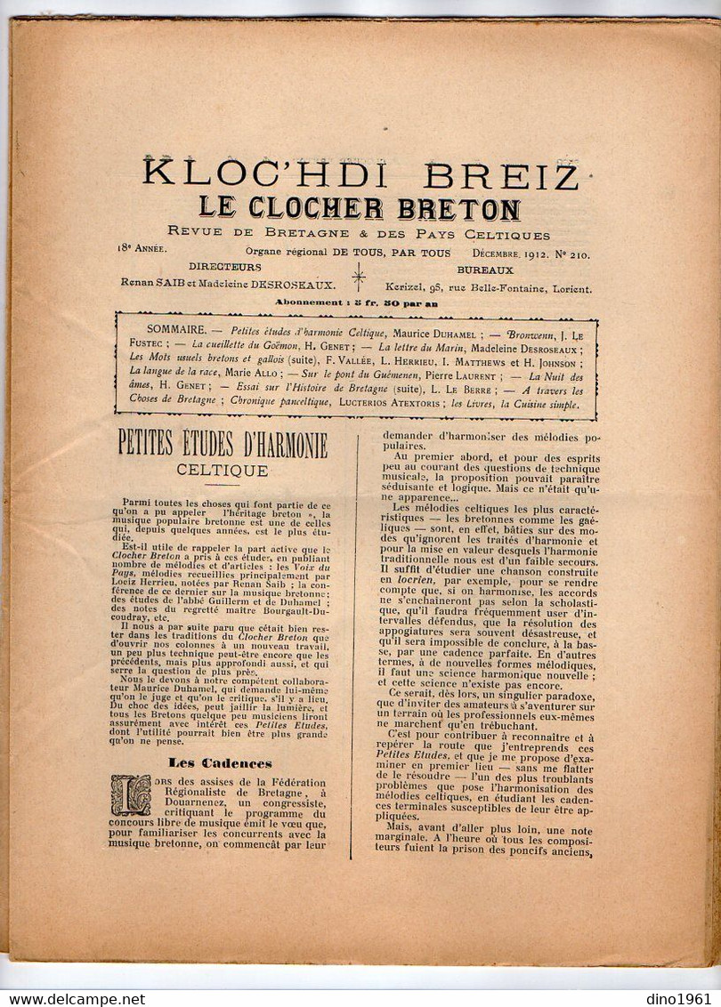 VP20.341 - LORIENT 1912 - Revue Mensuelle De Bretagne - Le Clocher Breton / Kloc'hdi Breiz - 1900 - 1949