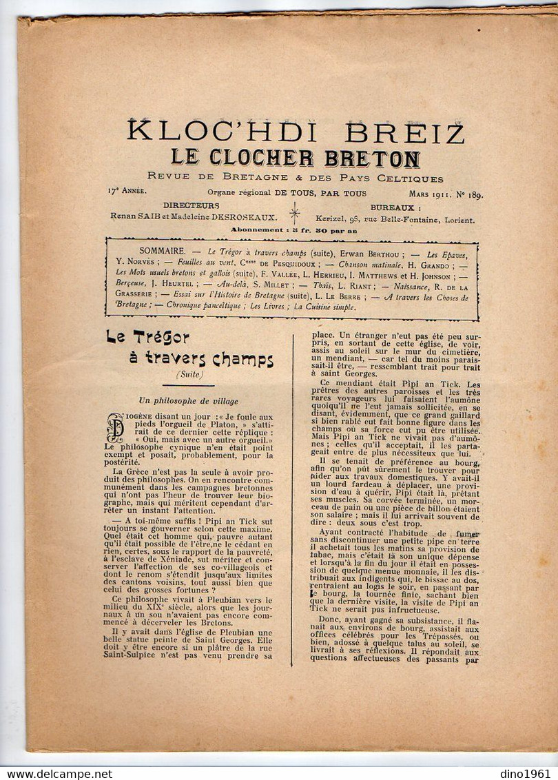 VP20.342 - LORIENT 1911 - Revue Mensuelle De Bretagne - Le Clocher Breton / Kloc'hdi Breiz - 1900 - 1949