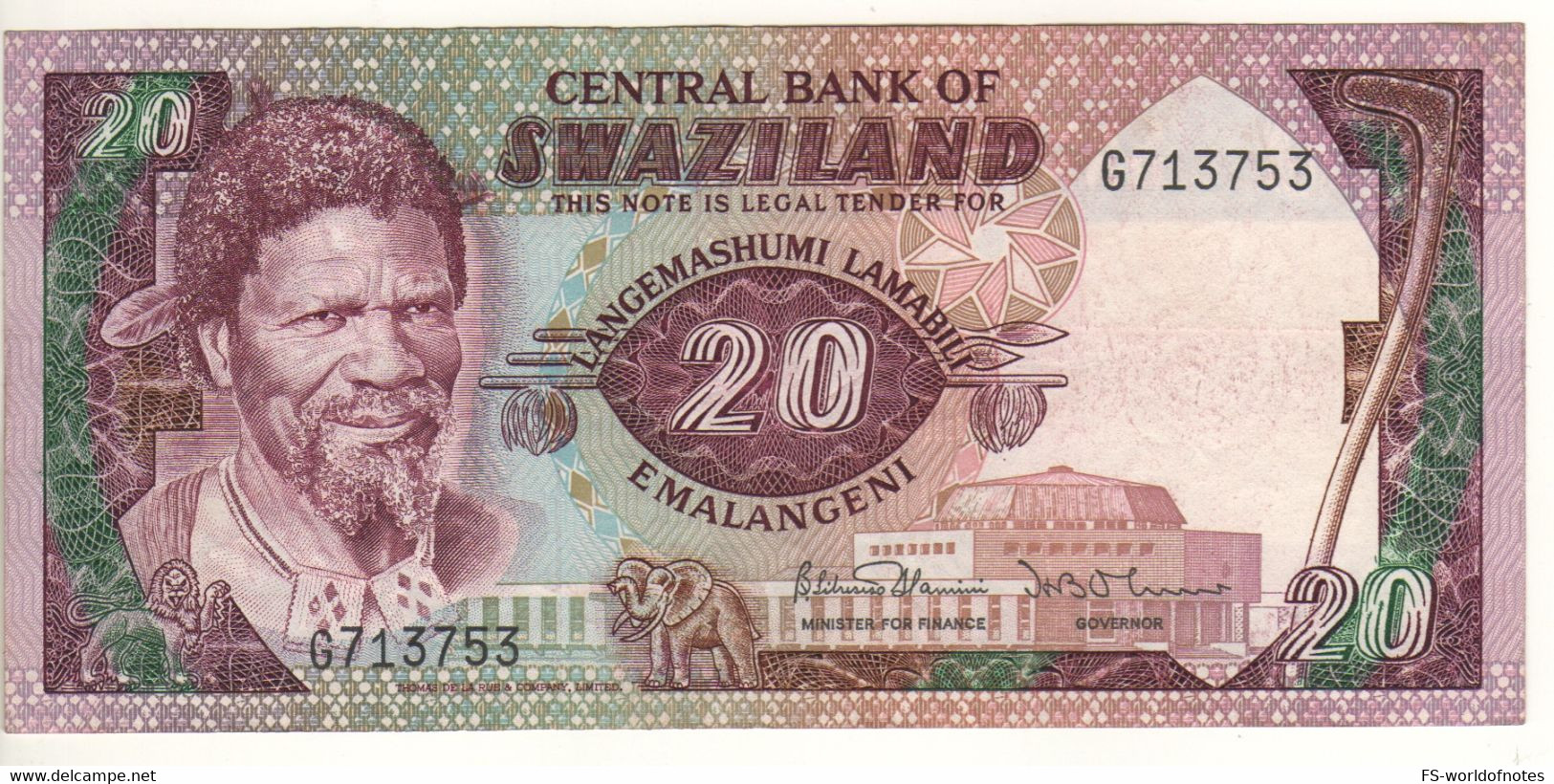 SWAZILAND 20  Emalangeni  P11b ( ND  1985  King Sobhuza I - Farm At Back ) - Swasiland