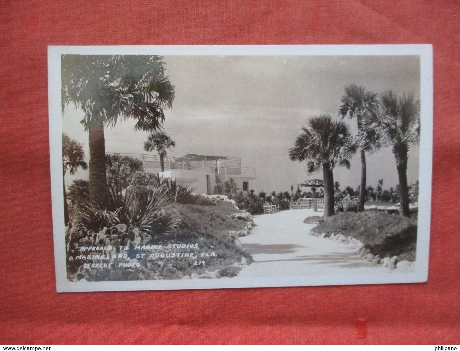 RPPC    Approach To Marine Studios Marineland  St Augustine  Florida > St Augustine Glue Stain Back Side.  Ref 5713 - St Augustine