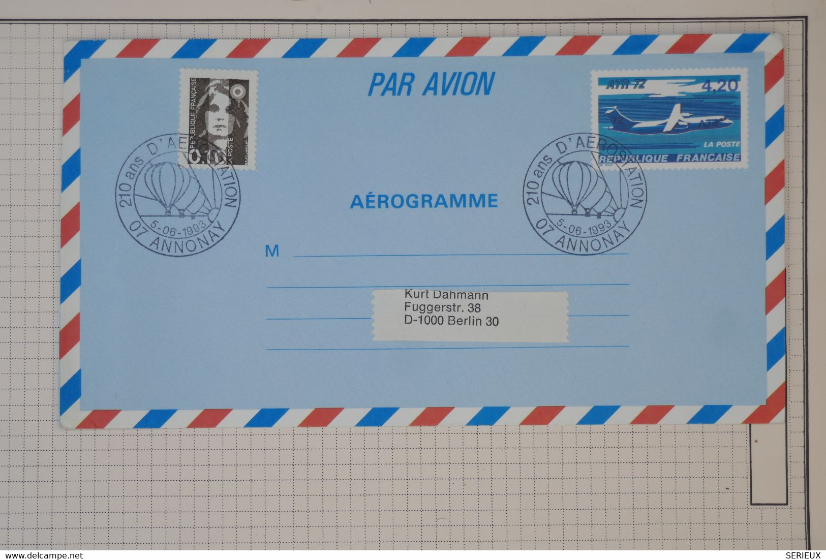 BC1 FRANCE  BELLE LETTRE AEROGRAMME  1993 210 ANS D AEROSTATION  ANNONAY POUR BERLINNGERMANY ++4F20 +AFFRANCH. PLAISANT - 1960-.... Briefe & Dokumente